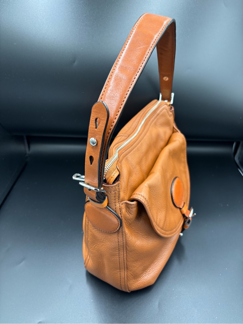Lauren Ralph Lauren LRL Brown Pebbled Leather Shoulder Bag Buckle Flap - Picture 5 of 12